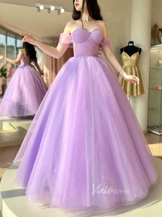 Shimmery Lilac Tulle Prom Dresses Off the Shoulder Ball Gowns FD1171-prom dresses 2025 -Viniodress-Lilac-Custom Size-