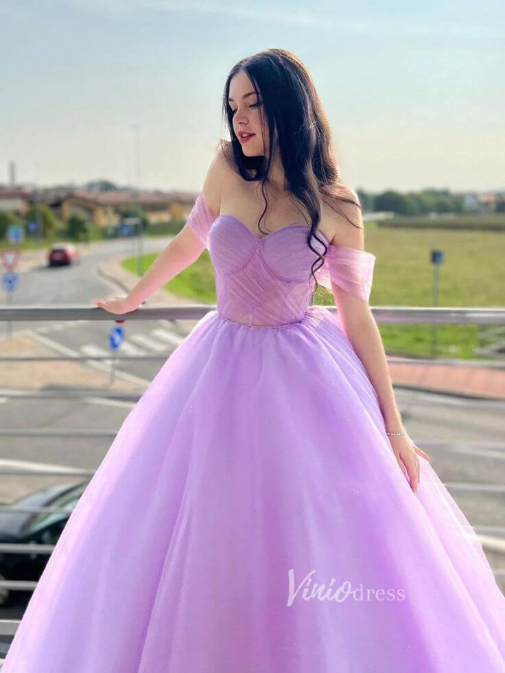 Shimmery Lilac Tulle Prom Dresses Off the Shoulder Ball Gowns FD1171 - Viniodressprom dressesLilacCustom Size - Formal Dresses - Ball Gowns