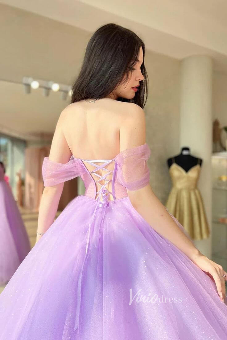 Shimmery Lilac Tulle Prom Dresses Off the Shoulder Ball Gowns FD1171 - Viniodressprom dressesLilacCustom Size - Formal Dresses - Ball Gowns