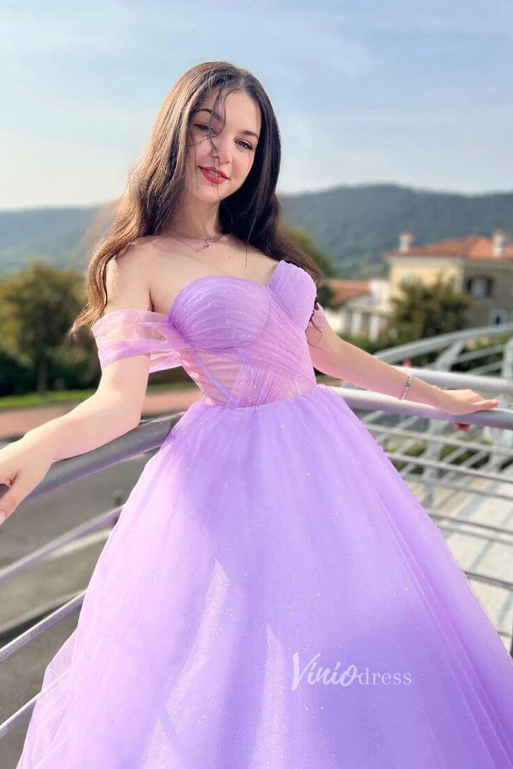 Shimmery Lilac Tulle Prom Dresses Off the Shoulder Ball Gowns FD1171 - Viniodressprom dressesLilacCustom Size - Formal Dresses - Ball Gowns