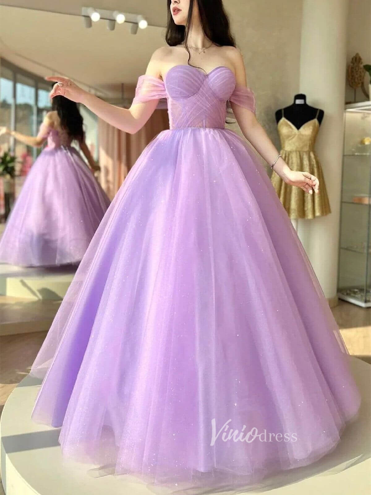 Shimmery Lilac Tulle Prom Dresses Off the Shoulder Ball Gowns FD1171 - Viniodressprom dressesLilacCustom Size - Formal Dresses - Ball Gowns