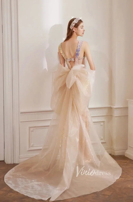 Shimmery Mermaid Prom Dresses with Removable Bow FD1185-prom dresses 2025 -Viniodress-Champagne-Custom Size-