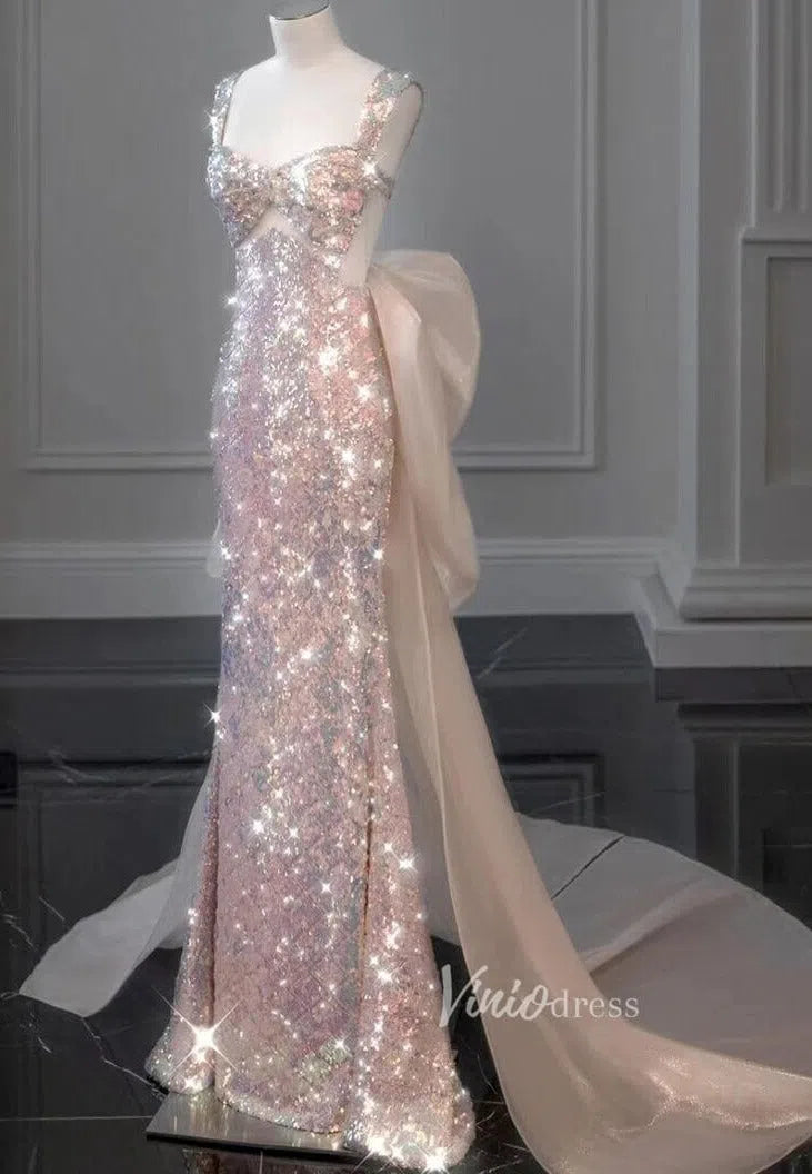 Shimmery Mermaid Prom Dresses with Removable Bow FD1185-prom dresses 2025 -Viniodress-Champagne-Custom Size-