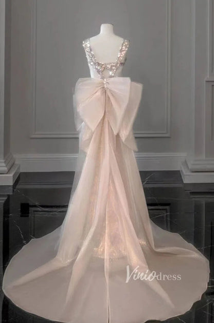 Shimmery Mermaid Prom Dresses with Removable Bow FD1185-prom dresses 2025 -Viniodress-Champagne-Custom Size-