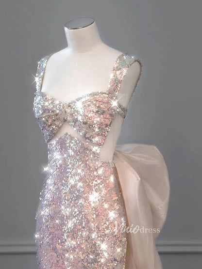 Shimmery Mermaid Prom Dresses with Removable Bow FD1185-prom dresses 2025 -Viniodress-Champagne-Custom Size-