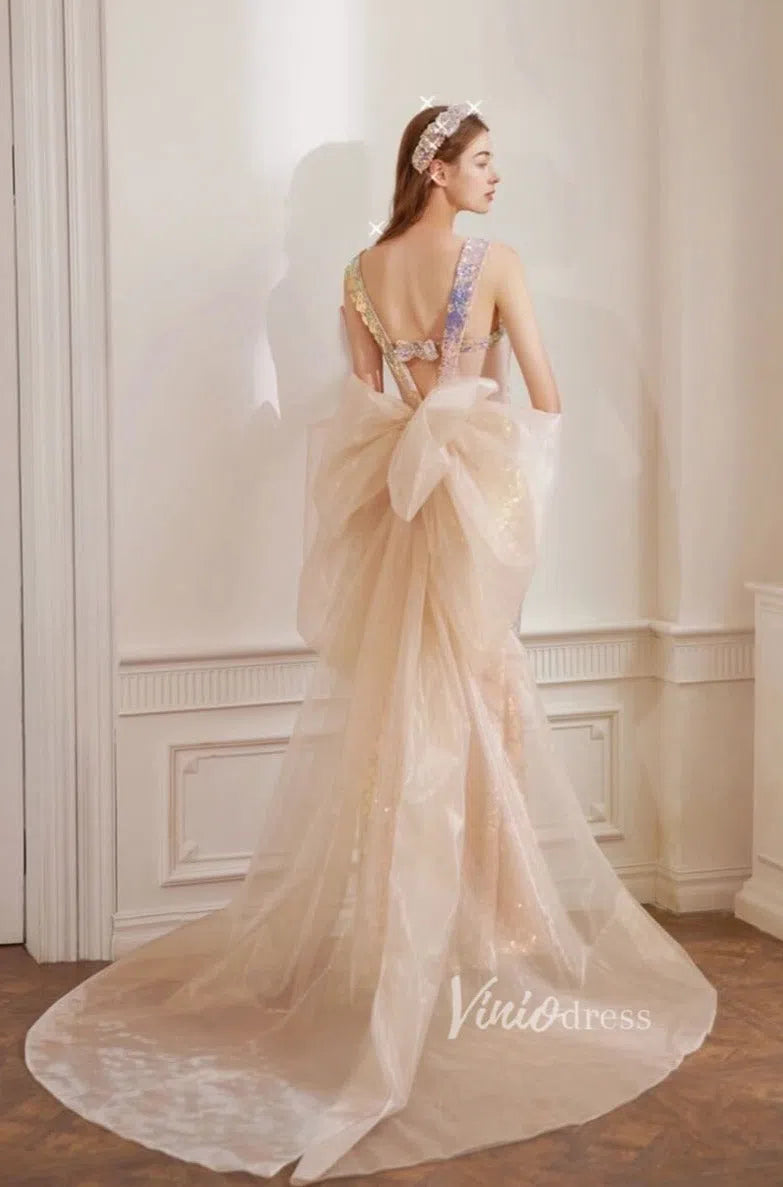 Shimmery Mermaid Prom Dresses with Removable Bow FD1185-prom dresses 2025 -Viniodress-Champagne-Custom Size-