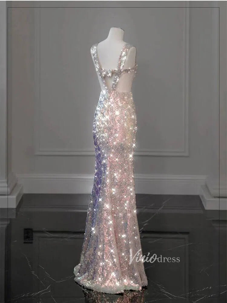 Shimmery Mermaid Prom Dresses with Removable Bow FD1185-prom dresses-Viniodress-Viniodress