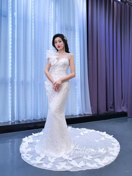 Shiny Beaded Floral Lace Mermaid Wedding Dresses 67424-wedding dresses 2025 -Viniodress-Ivory-Custom Size-