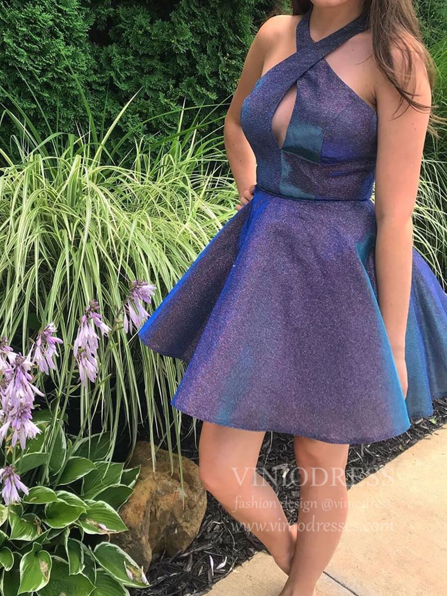 Shiny Blue Short Prom Dresses Crisscross Strap Homecoming Dress SD1243-Homecoming Dresses 2025 -Viniodress-As Picture-Custom Size-