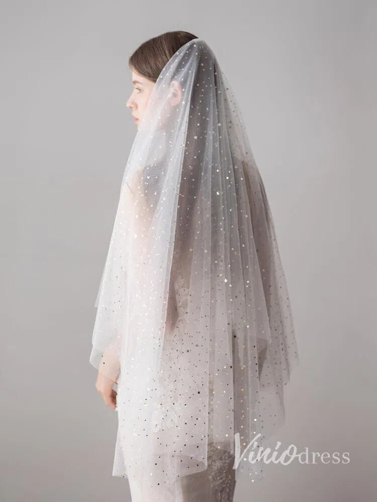 Shiny Bridal Veils with Gold Star Sparkly Wedding Veil ACC1042-Bridal Veil 2025 -Viniodress-Ivory-