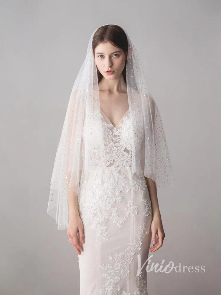 Shiny Bridal Veils with Gold Star Sparkly Wedding Veil ACC1042-Bridal Veil 2025 -Viniodress-Ivory-