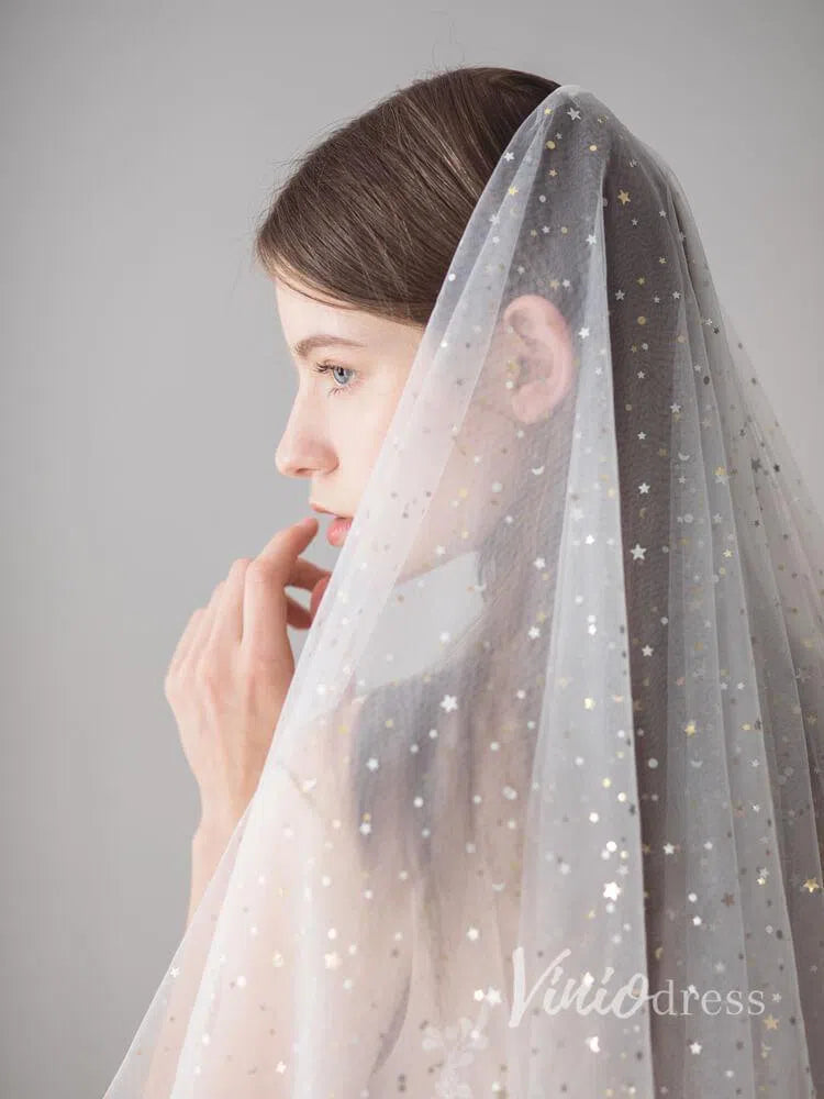 Shiny Bridal Veils with Gold Star Sparkly Wedding Veil ACC1042-Bridal Veil 2025 -Viniodress-Ivory-