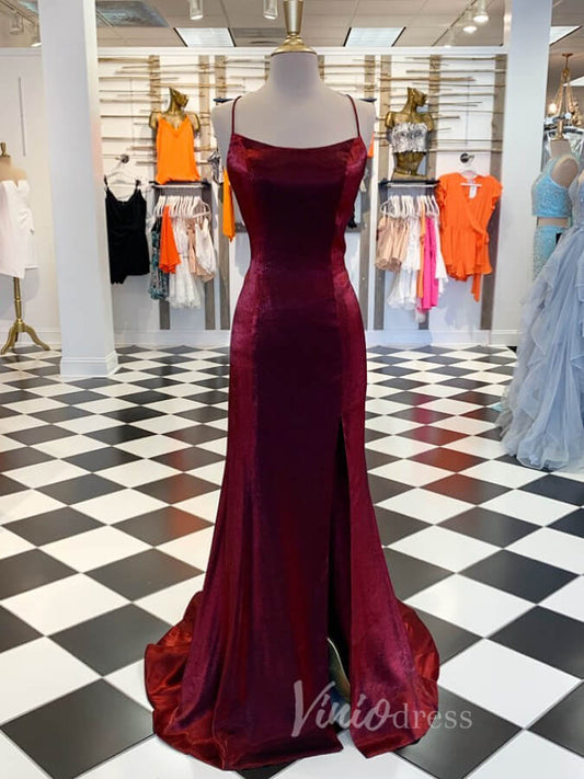 Shiny Burgundy Mermaid Prom Dress High Slit Spaghetti Strap FD2068-prom dresses 2025 -Viniodress-Burgundy-Custom Size-