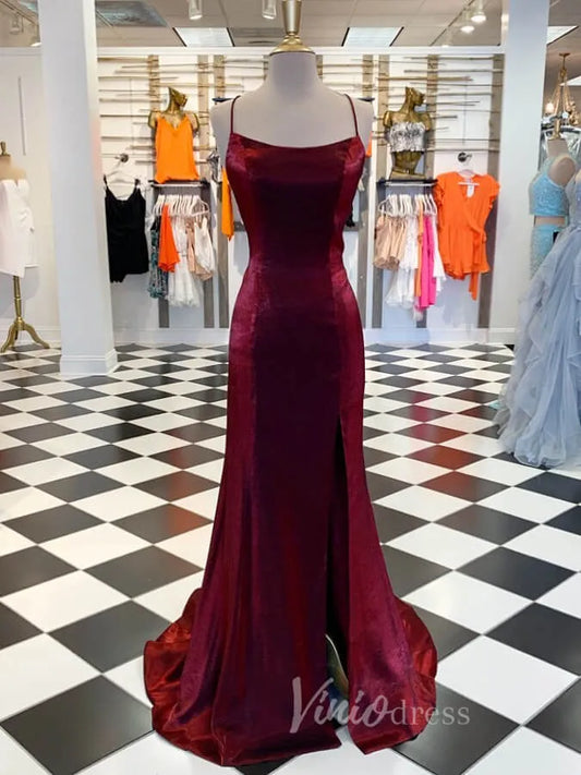 Shiny Burgundy Mermaid Prom Dress High Slit Spaghetti Strap FD2068-prom dresses 2025 -Viniodress-Burgundy-Custom Size-