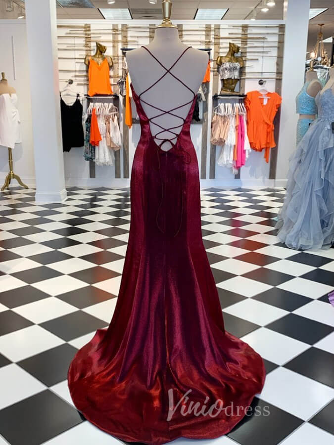 Prom Dress 2025 Shiny Burgundy Mermaid Prom Dress High Slit Spaghetti Strap FD2068-unique prom dresses-Burgundy-Custom Size-Viniodress