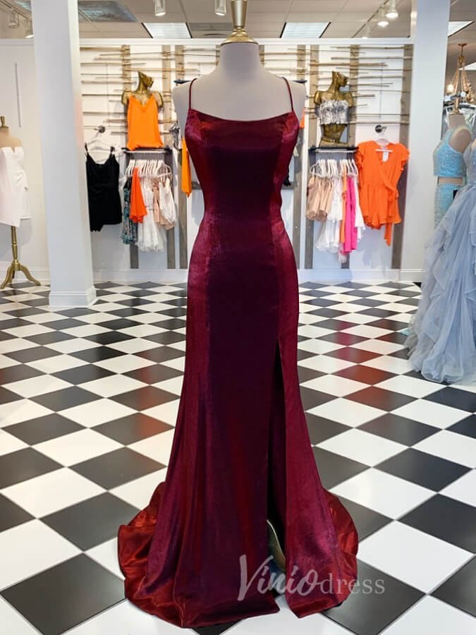 Prom Dress 2025 Shiny Burgundy Mermaid Prom Dress High Slit Spaghetti Strap FD2068-unique prom dresses-Burgundy-Custom Size-Viniodress