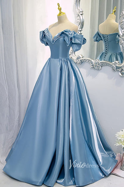 Shiny Dusty Blue Prom Dress Off the Shoulder Formal Dress FD2632-prom dresses 2025 -Viniodress-Dusty Blue-Custom Size-