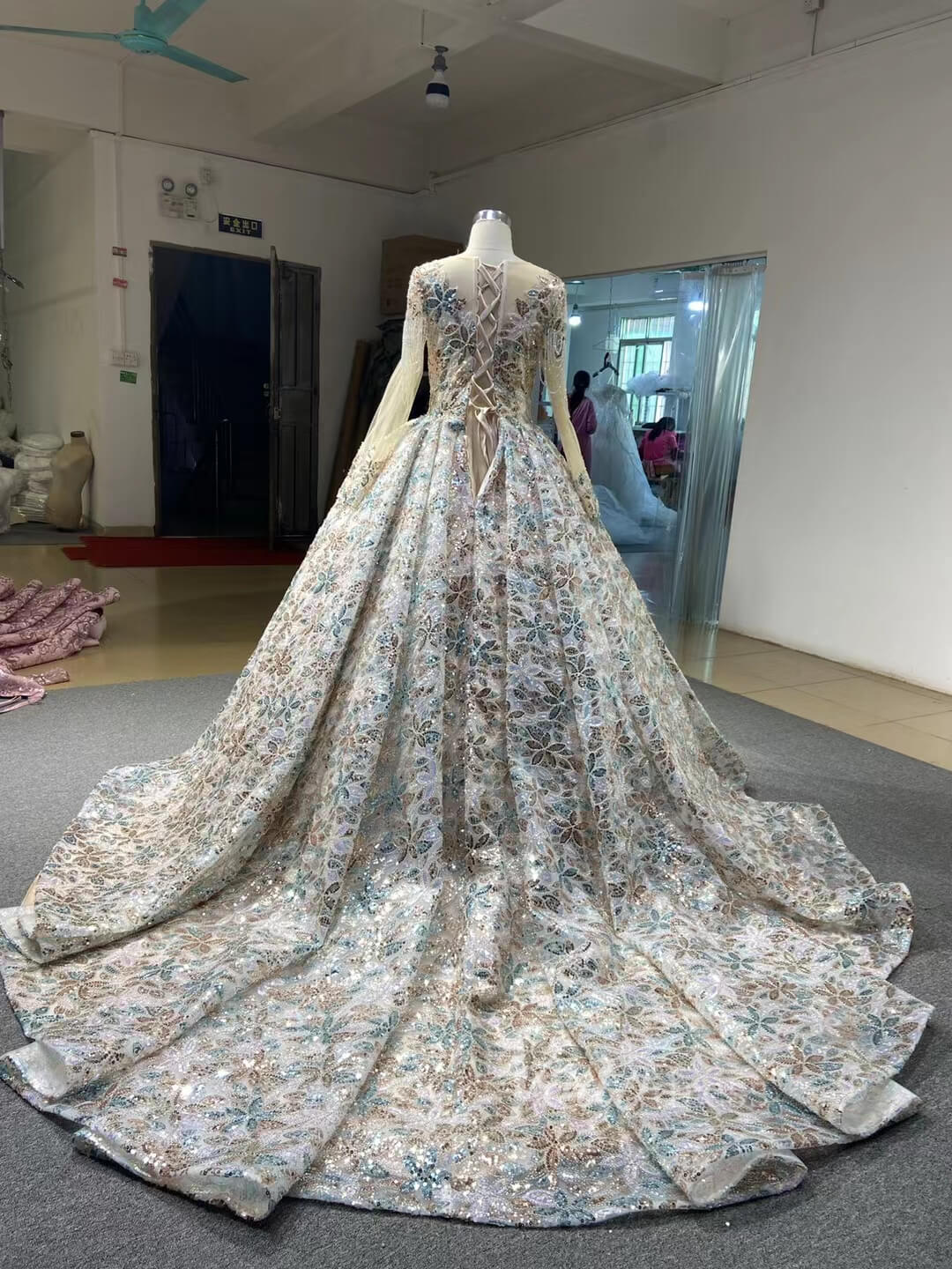 Shiny Floral Sequin Wedding Dress Long Sleeve Ball Gown 67169B viniodress-wedding dresses 2025 -Viniodress-Champagne-Custom Size-