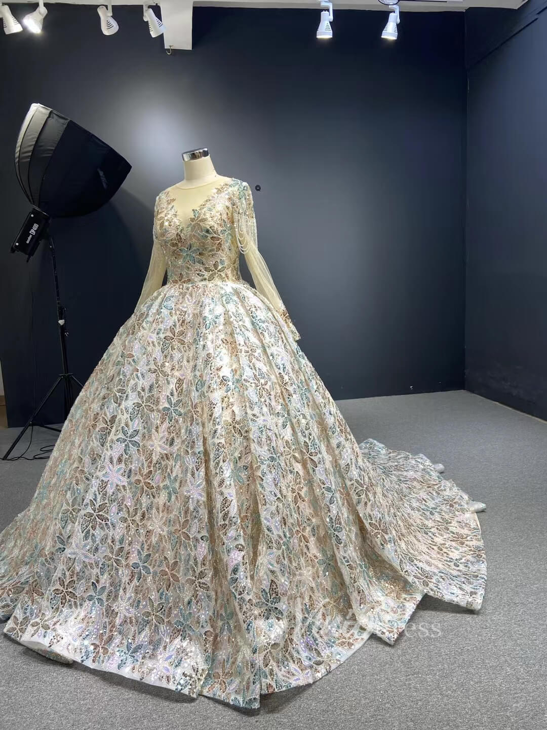 Shiny Floral Sequin Wedding Dress Long Sleeve Ball Gown 67169B viniodress-wedding dresses 2025 -Viniodress-Champagne-Custom Size-