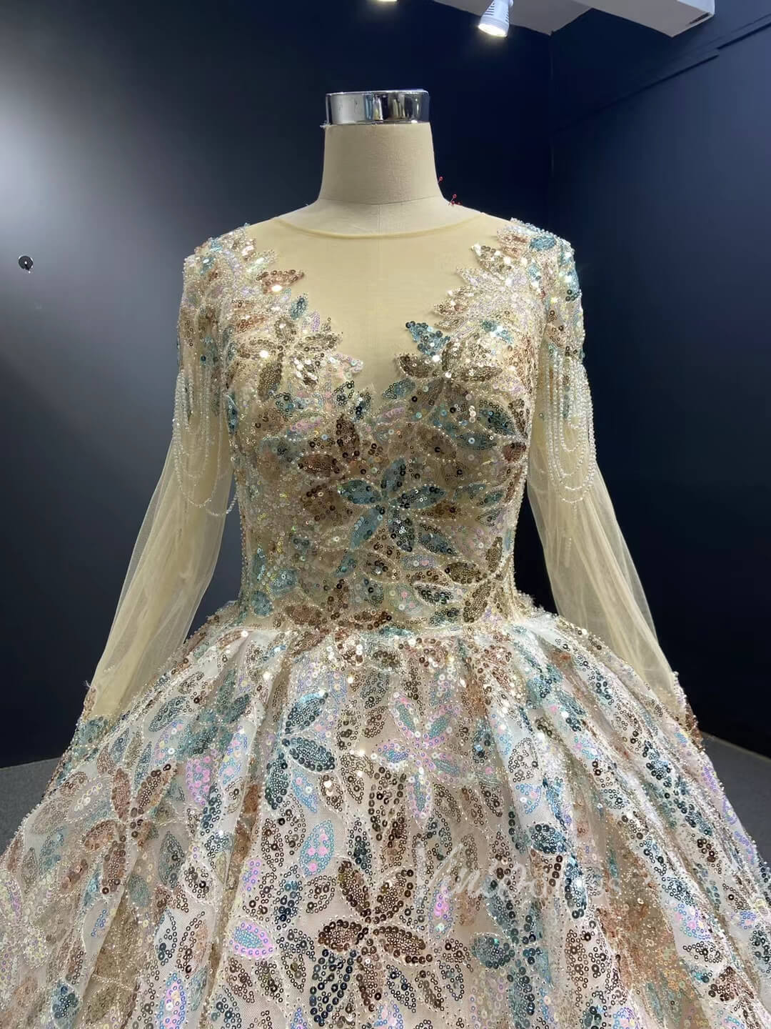 Shiny Floral Sequin Wedding Dress Long Sleeve Ball Gown 67169B viniodress-wedding dresses 2025 -Viniodress-Champagne-Custom Size-