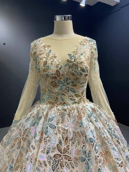 Shiny Floral Sequin Wedding Dress Long Sleeve Ball Gown 67169B viniodress-wedding dresses 2025 -Viniodress-Champagne-Custom Size-