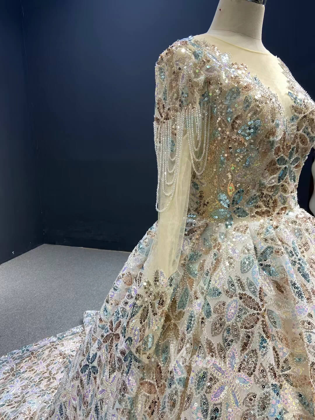 Shiny Floral Sequin Wedding Dress Long Sleeve Ball Gown 67169B viniodress-wedding dresses 2025 -Viniodress-Champagne-Custom Size-