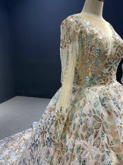 Shiny Floral Sequin Wedding Dress Long Sleeve Ball Gown 67169B viniodress-wedding dresses 2025 -Viniodress-Champagne-Custom Size-