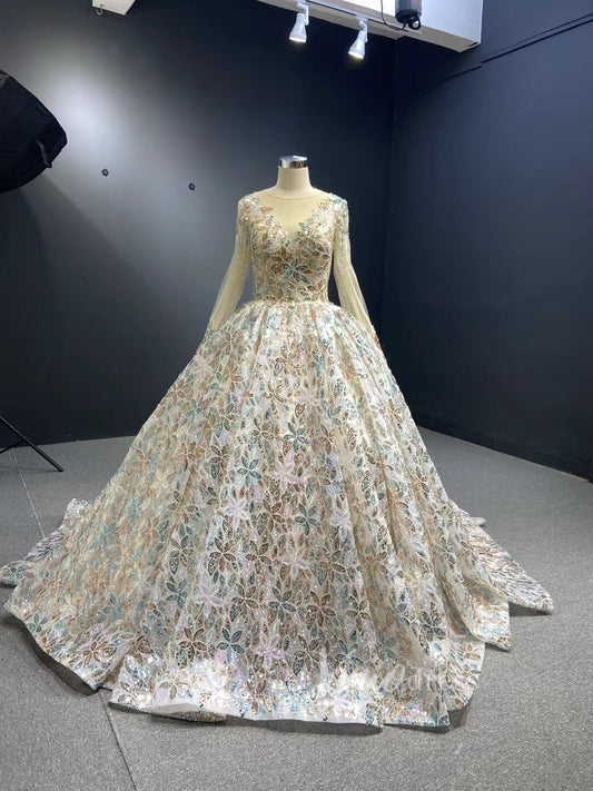 Prom Dress 2025 Shiny Floral Sequin Wedding Dress Long Sleeve Ball Gown 67169B viniodress-unique wedding dresses-Champagne-Custom Size-Viniodress