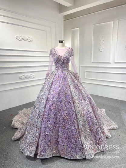 Shiny Floral Wedding Dress with Sleeves 67169 viniodress-wedding dresses 2025 -Viniodress-Champagne-Custom Size-