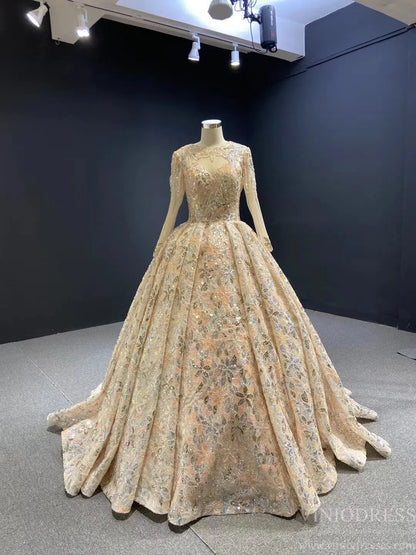 Shiny Floral Wedding Dress with Sleeves 67169 viniodress-wedding dresses 2025 -Viniodress-Champagne-Custom Size-
