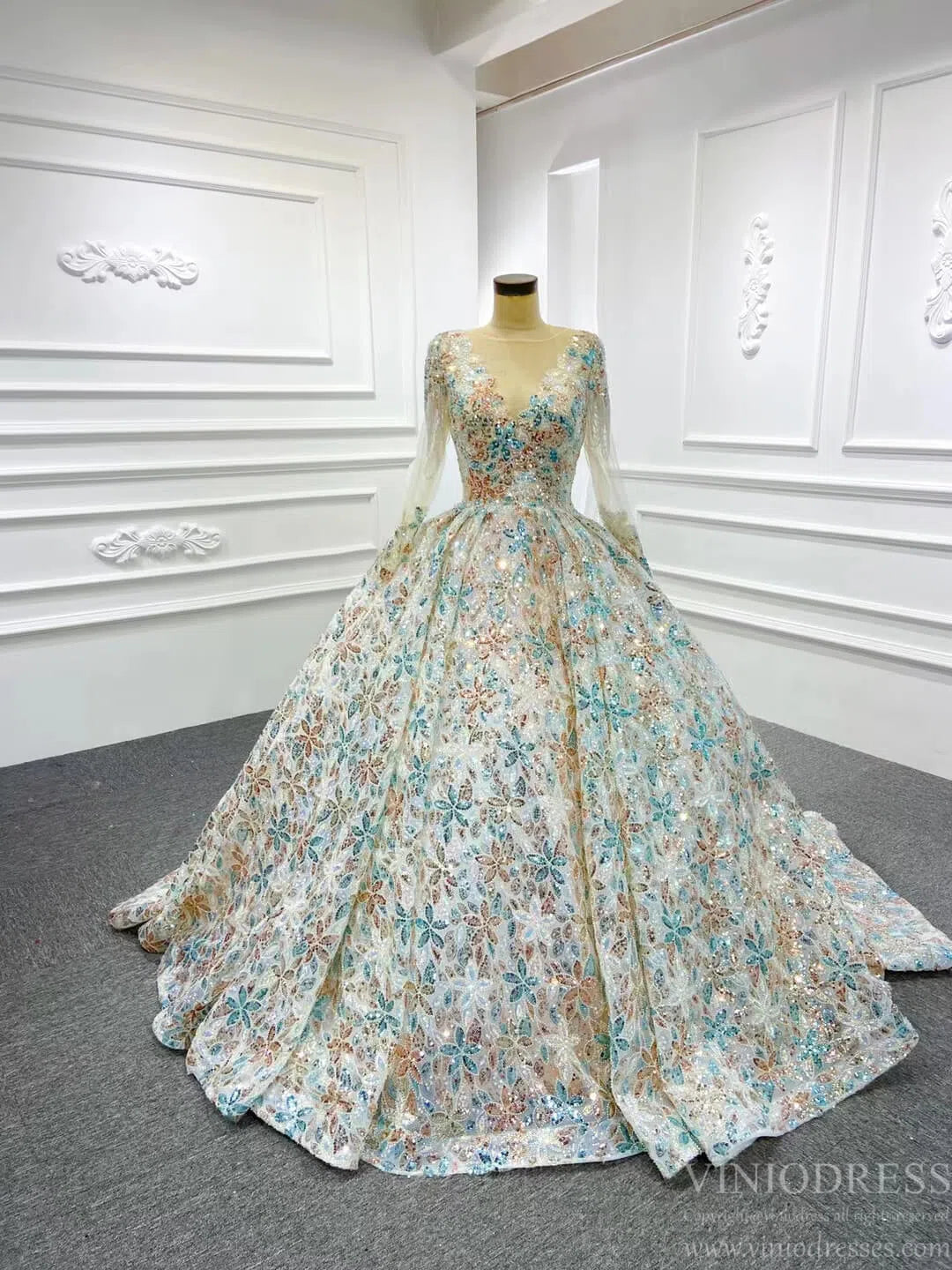 Shiny Floral Wedding Dress with Sleeves 67169 viniodress – Viniodress