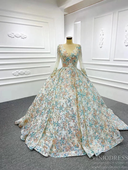 Shiny Floral Wedding Dress with Sleeves 67169 viniodress-wedding dresses 2025 -Viniodress-Champagne-Custom Size-