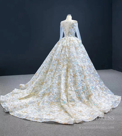 Shiny Floral Wedding Dress with Sleeves 67169 viniodress-wedding dresses 2025 -Viniodress-Champagne-Custom Size-