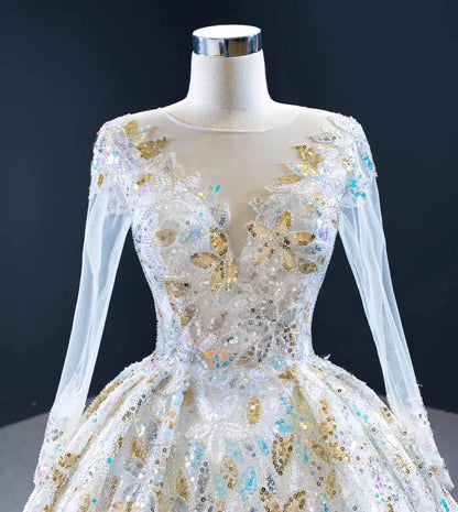 Shiny Floral Wedding Dress with Sleeves 67169 viniodress-wedding dresses 2025 -Viniodress-Champagne-Custom Size-