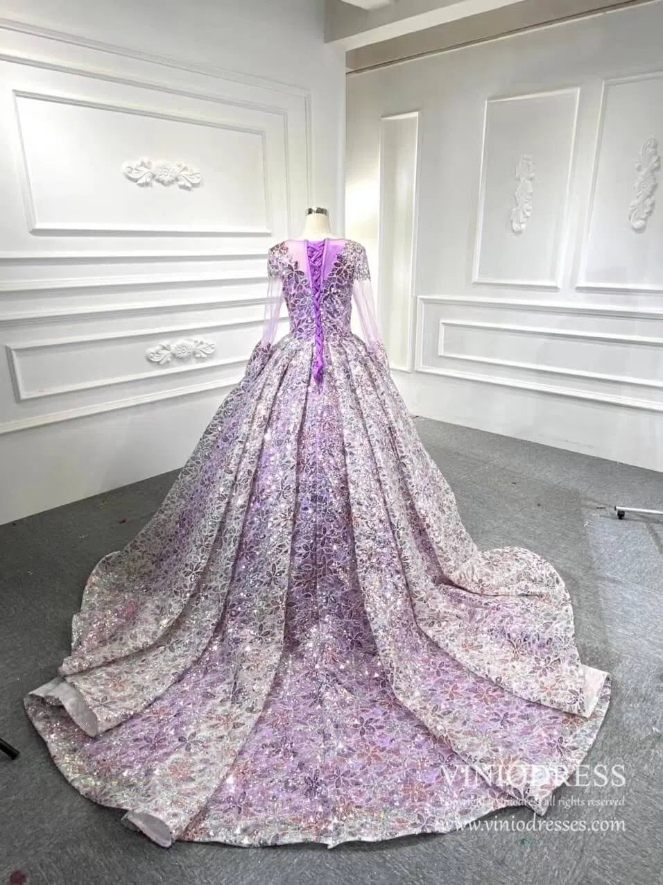 Shiny Floral Wedding Dress with Sleeves 67169 viniodress-wedding dresses 2025 -Viniodress-Champagne-Custom Size-