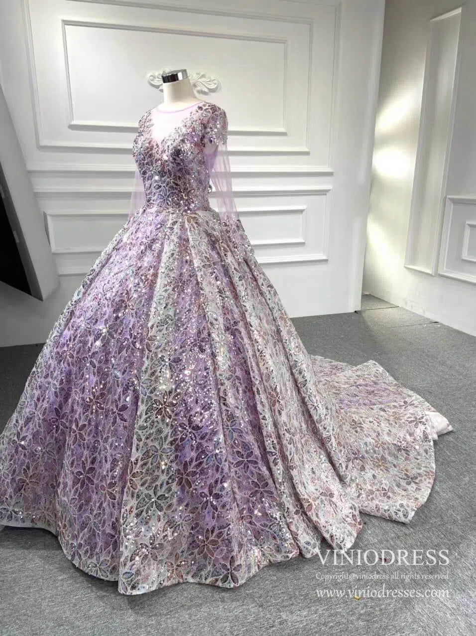Shiny Floral Wedding Dress with Sleeves 67169 viniodress-wedding dresses 2025 -Viniodress-Champagne-Custom Size-