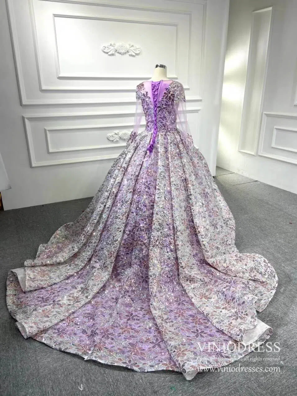 Shiny Floral Wedding Dress with Sleeves 67169 viniodress-wedding dresses 2025 -Viniodress-Champagne-Custom Size-