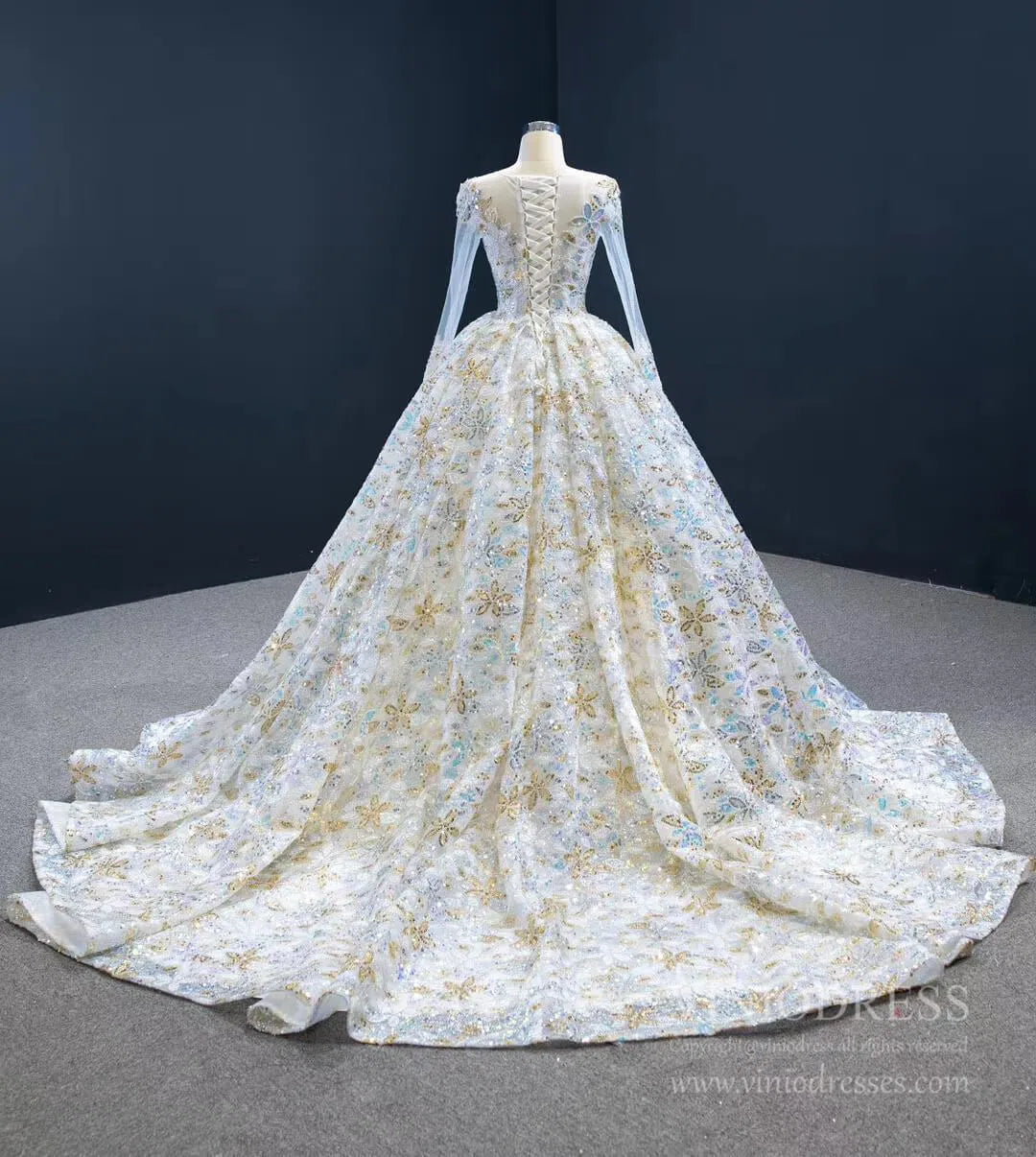 Shiny Floral Wedding Dress with Sleeves 67169 viniodress-wedding dresses 2025 -Viniodress-Champagne-Custom Size-