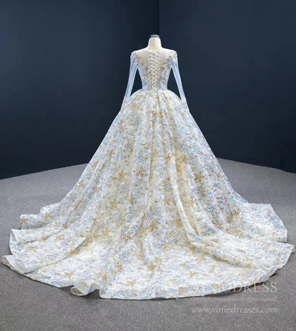 Shiny Floral Wedding Dress with Sleeves 67169 viniodress-wedding dresses 2025 -Viniodress-Champagne-Custom Size-
