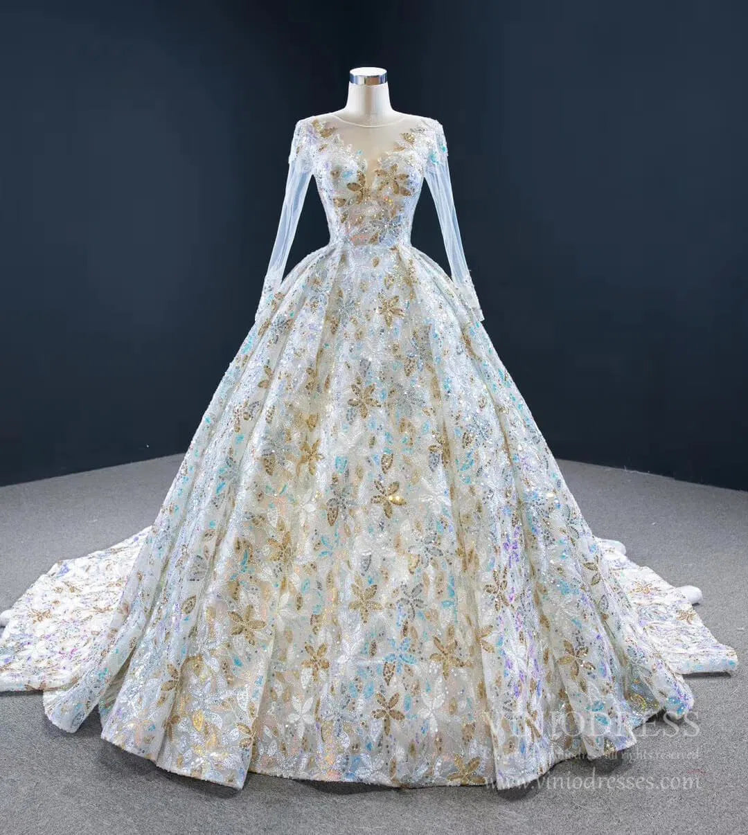 Shiny Floral Wedding Dress with Sleeves 67169 viniodress-wedding dresses 2025 -Viniodress-Champagne-Custom Size-