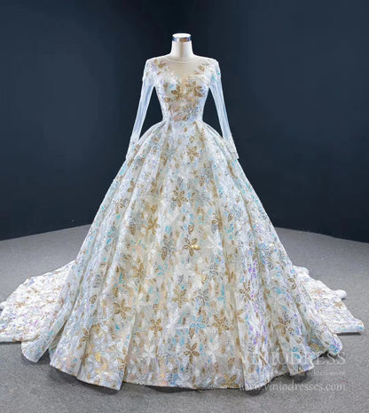 Shiny Floral Wedding Dress with Sleeves 67169 viniodress-wedding dresses 2025 -Viniodress-Champagne-Custom Size-