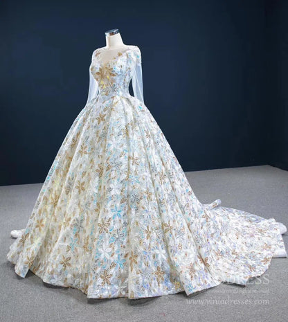Shiny Floral Wedding Dress with Sleeves 67169 viniodress-wedding dresses 2025 -Viniodress-Champagne-Custom Size-