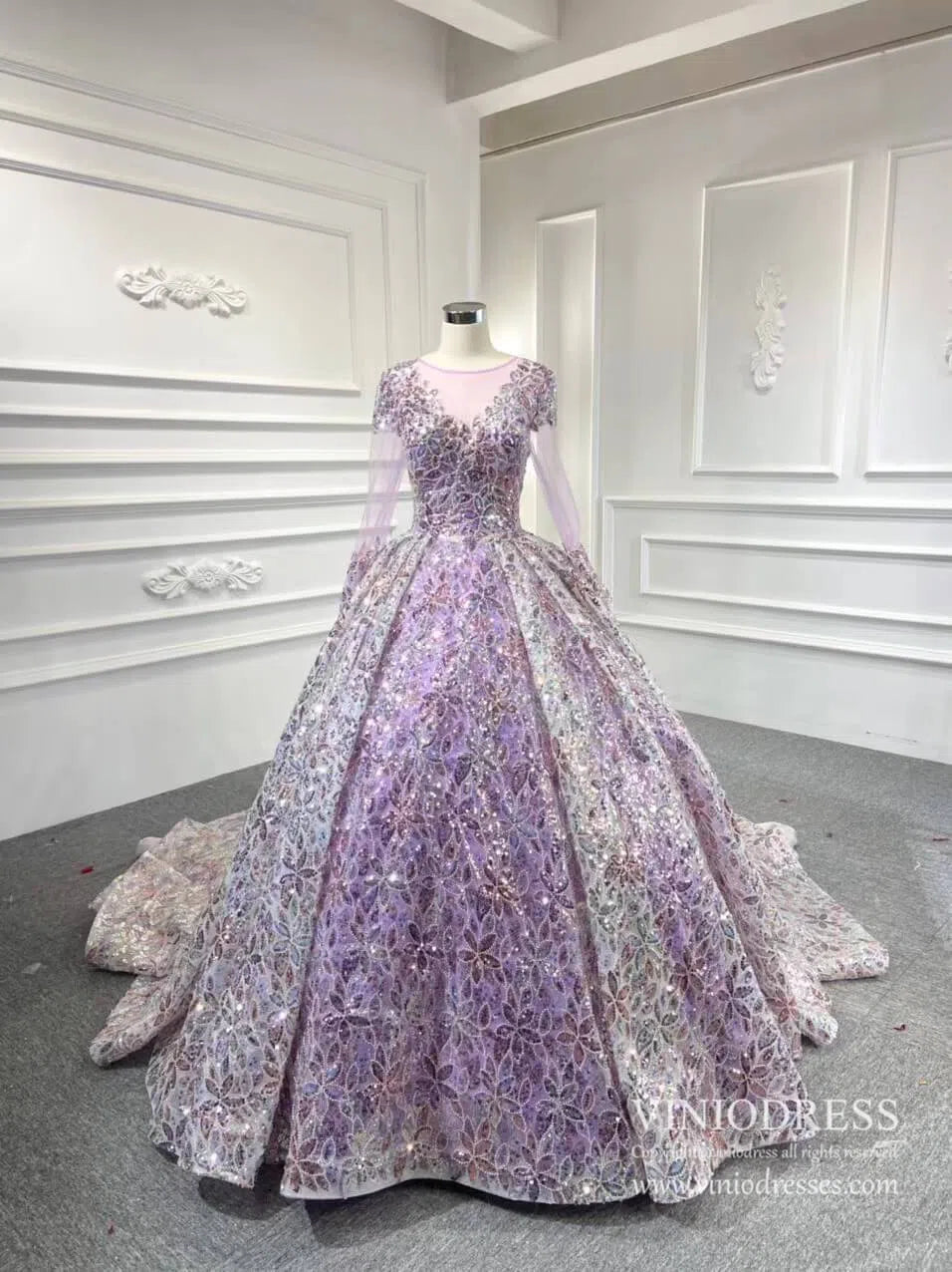 Shiny Floral Wedding Dress with Sleeves 67169 viniodress-wedding dresses 2025 -Viniodress-Champagne-Custom Size-