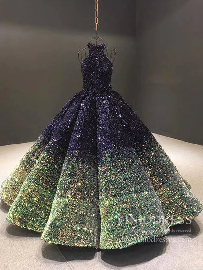 Shiny Gradient Red Gold Ball Gown Quince Dress Sequin Wedding Dress with Corset Back & High Neck 66991-Quinceanera Dresses 2025 -Viniodress-Burgundy-Custom Size-