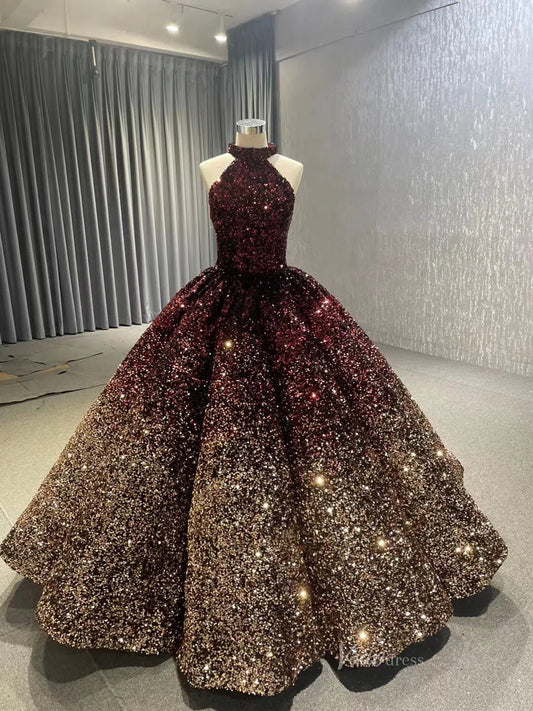 Shiny Gradient Red Gold Ball Gown Quince Dress Sequin Wedding Dress with Corset Back & High Neck 66991-Quinceanera Dresses 2025 -Viniodress-Burgundy-Custom Size-