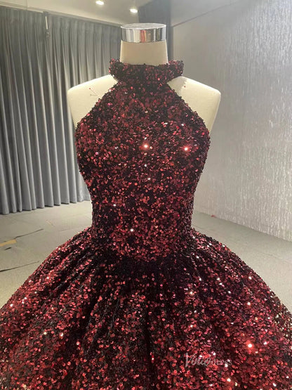 Shiny Gradient Red Gold Ball Gown Quince Dress Sequin Wedding Dress with Corset Back & High Neck 66991-Quinceanera Dresses 2025 -Viniodress-Burgundy-Custom Size-