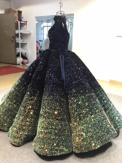 Shiny Gradient Red Gold Ball Gown Quince Dress Sequin Wedding Dress with Corset Back & High Neck 66991-Quinceanera Dresses 2025 -Viniodress-Burgundy-Custom Size-