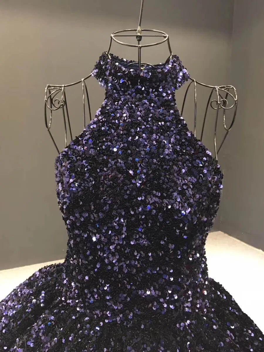 Shiny Gradient Red Gold Ball Gown Quince Dress Sequin Wedding Dress with Corset Back & High Neck 66991-Quinceanera Dresses 2025 -Viniodress-Burgundy-Custom Size-