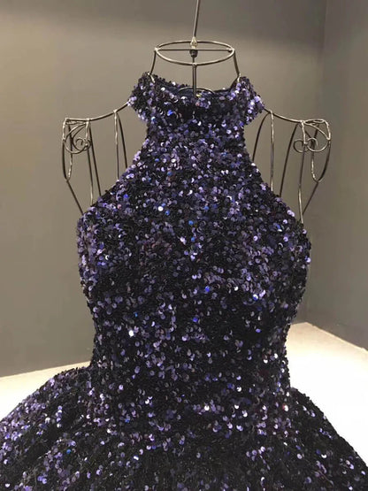 Shiny Gradient Red Gold Ball Gown Quince Dress Sequin Wedding Dress with Corset Back & High Neck 66991-Quinceanera Dresses 2025 -Viniodress-Burgundy-Custom Size-