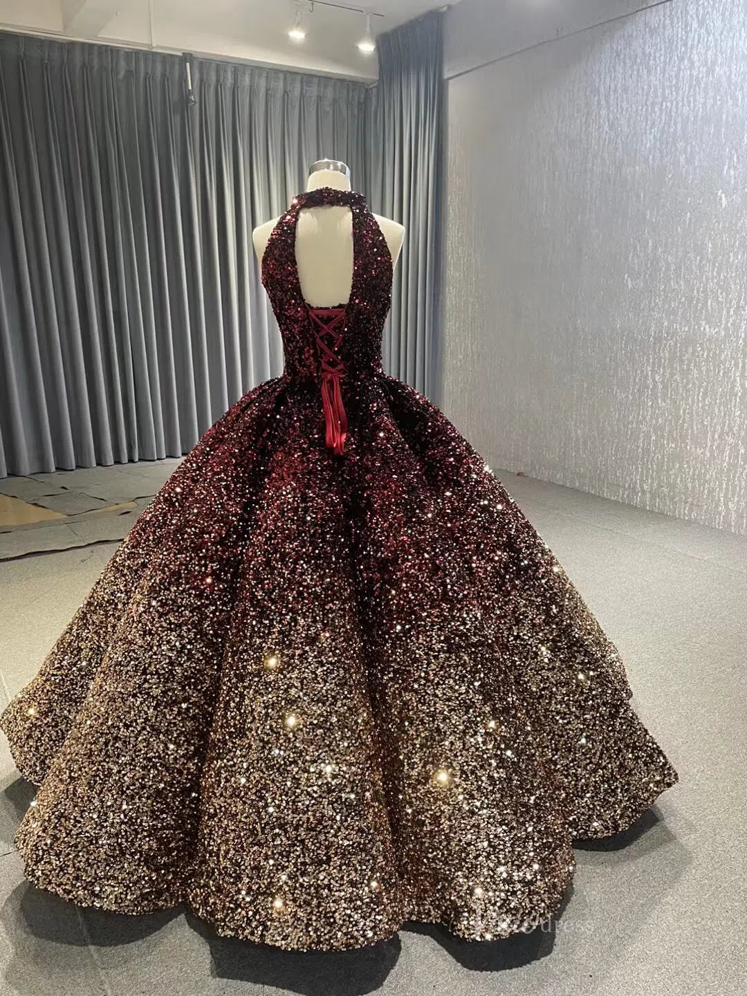 Prom Dress 2025 Shiny Ombre Burgundy Ball Gown Wedding Dresses 66991 Halter Neck, Open Back-unique Quinceanera Dresses-Burgundy-Custom Size-Viniodress